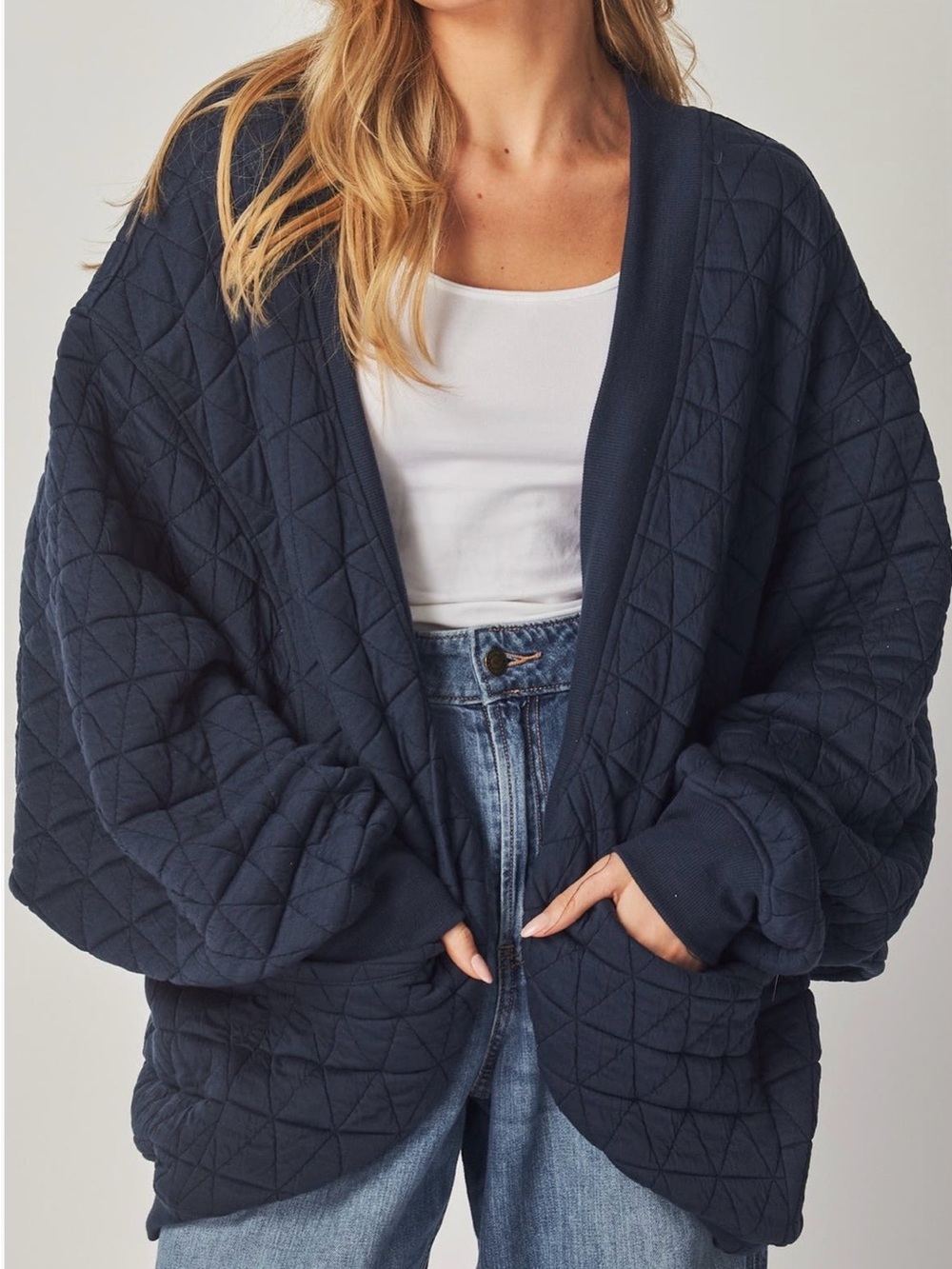 Women's Quilted Open-Front Bomber Jacket - Navy